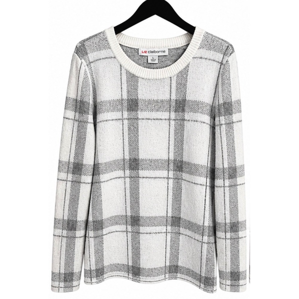 Liz Claiborne Womens Grey White Plaid Knit Crewneck Sweater Large L Long Sleeve